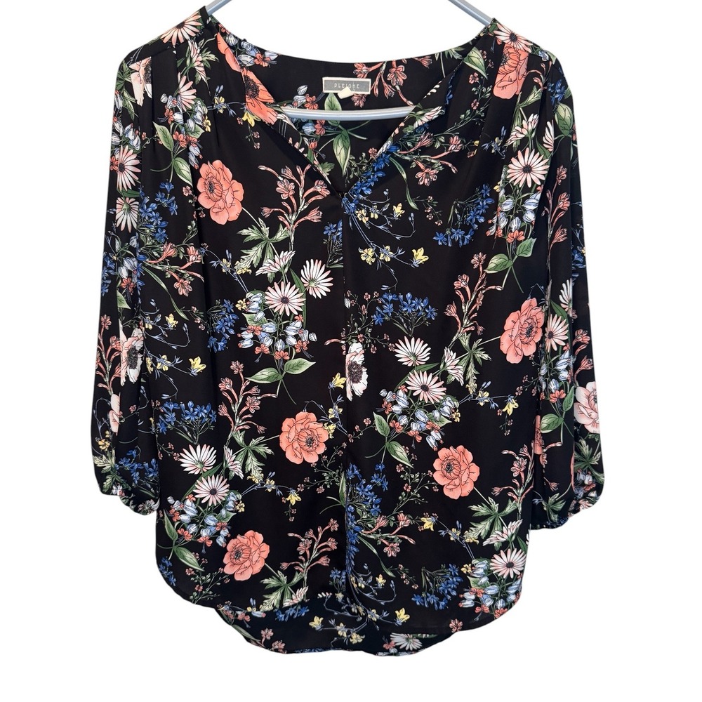 Pleione Womens Black Colorful Floral Split Neck 3/4 Sleeve Blouse Small